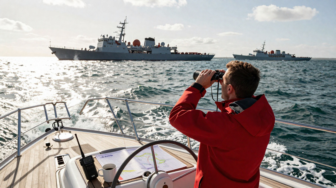 Homem de jaqueta vermelha observa navios de guerra no mar usando binóculo em barco menor.