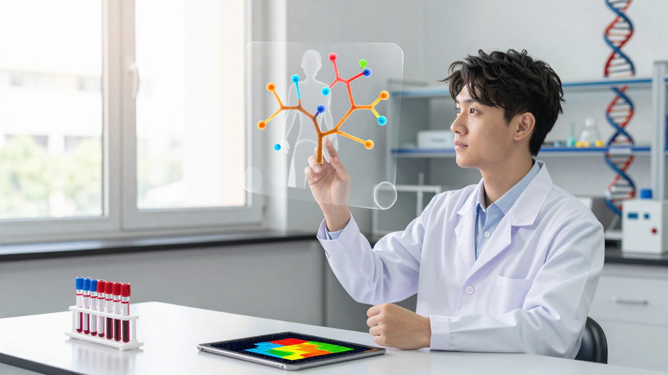 Cientista em laboratório interage com tela holográfica exibindo estrutura molecular colorida.
