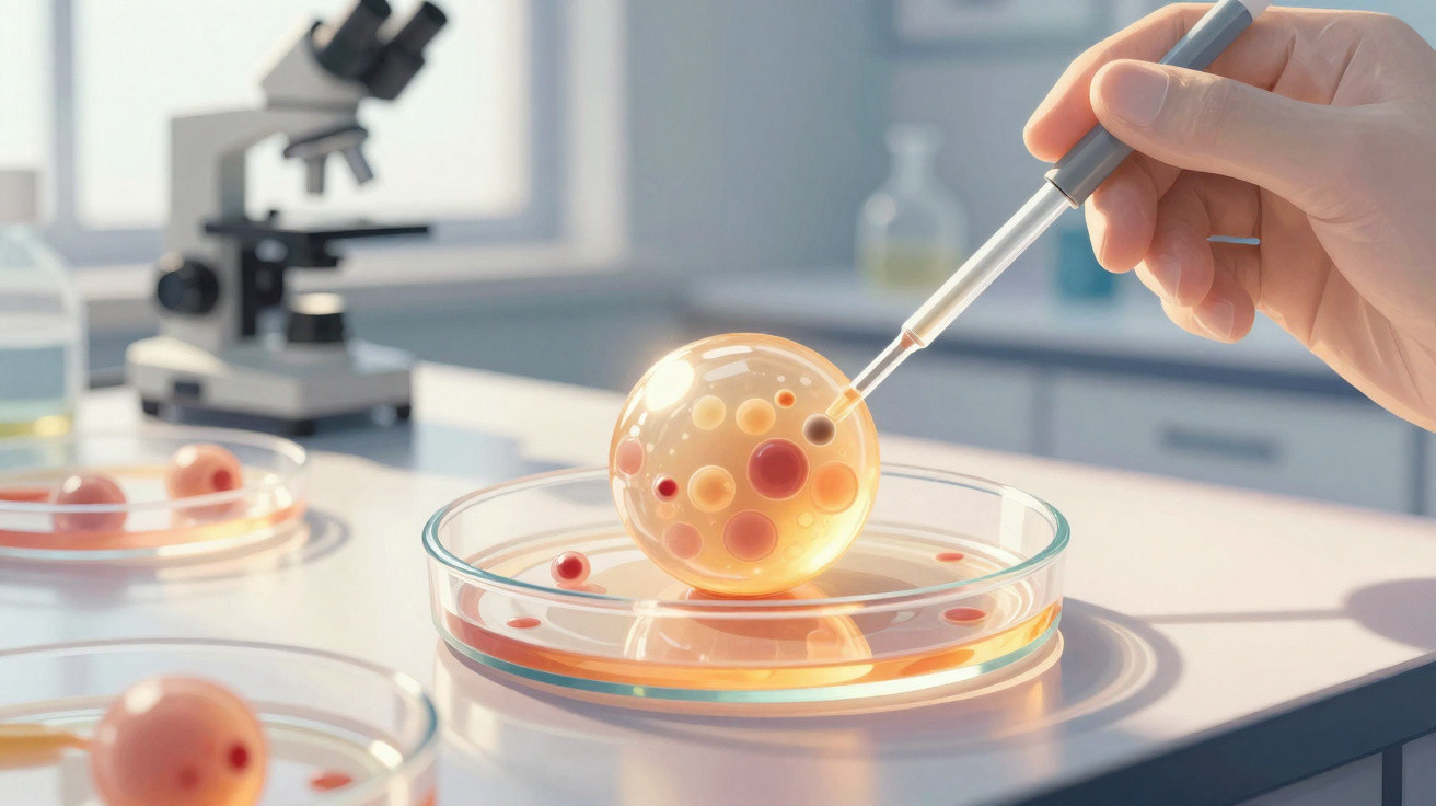 Mão manipulando pipeta com esfera translúcida em placa de Petri, com microscópio ao fundo em laboratório.