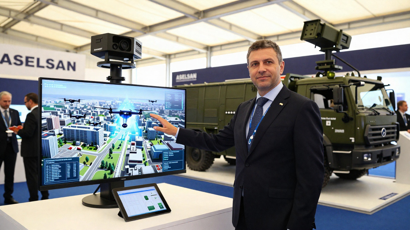Homem em terno apresenta tecnologia de drones em monitor ao lado de caminhão militar em evento da Aselsan.