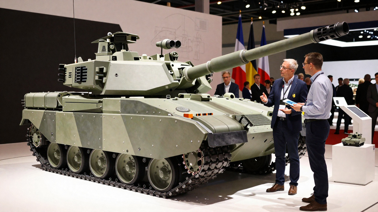 Tanque militar verde exposto em feira, com duas pessoas conversando ao lado e bandeiras ao fundo.