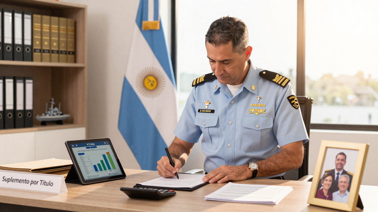 Homem fardado assinando documentos em escritório com bandeira da Argentina ao fundo.
