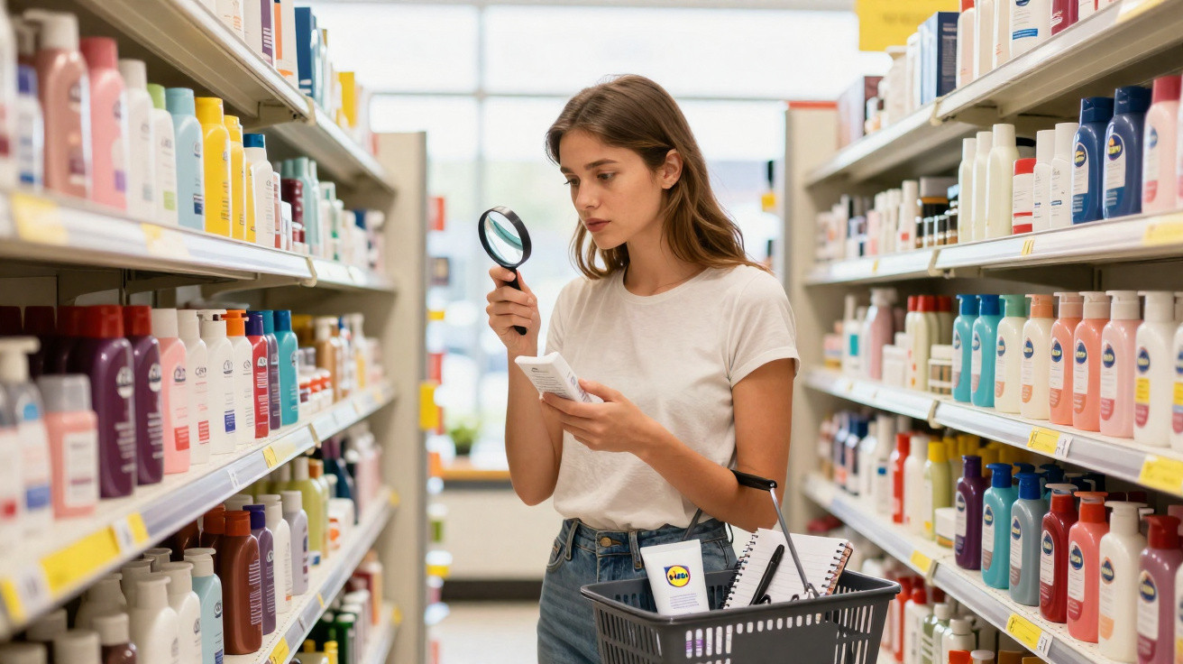 Mulher em supermercado usando lupa para ler embalagem de produto nas prateleiras de cosméticos.