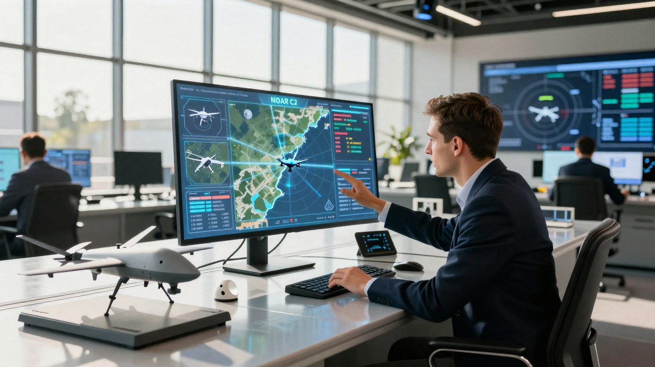 Homem controlando monitor com mapa e drone em escritório moderno com equipe ao fundo.