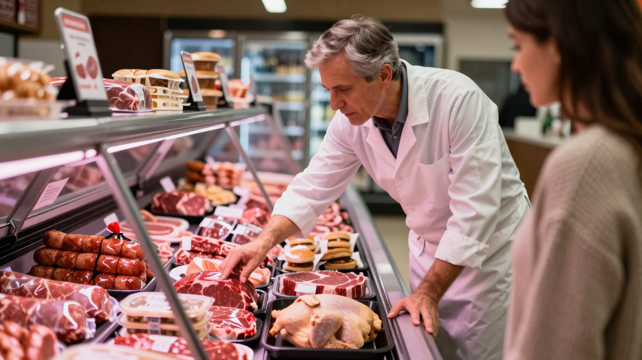 Açougueiro mostrando cortes de carne para cliente em balcão de açougue bem iluminado.