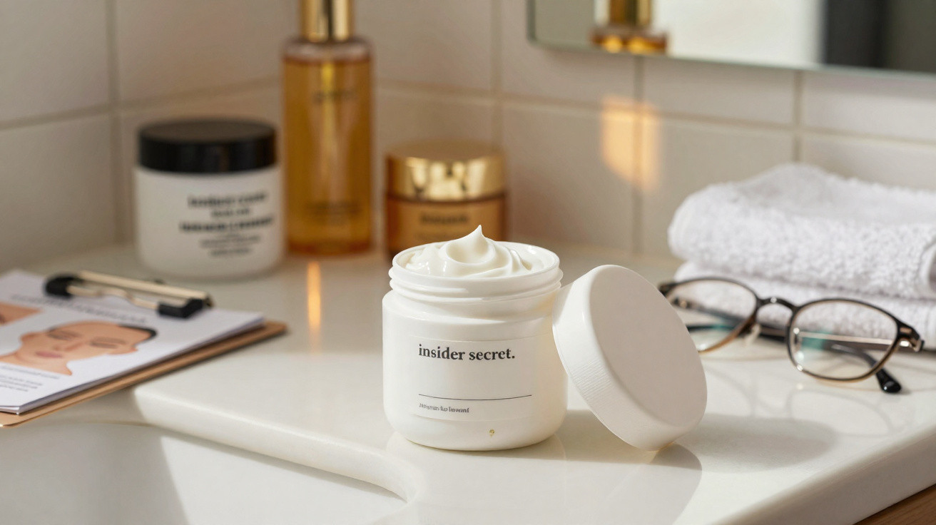 Pote aberto de creme facial "insider secret" em bancada com óculos, toalha e produtos de skincare ao fundo.