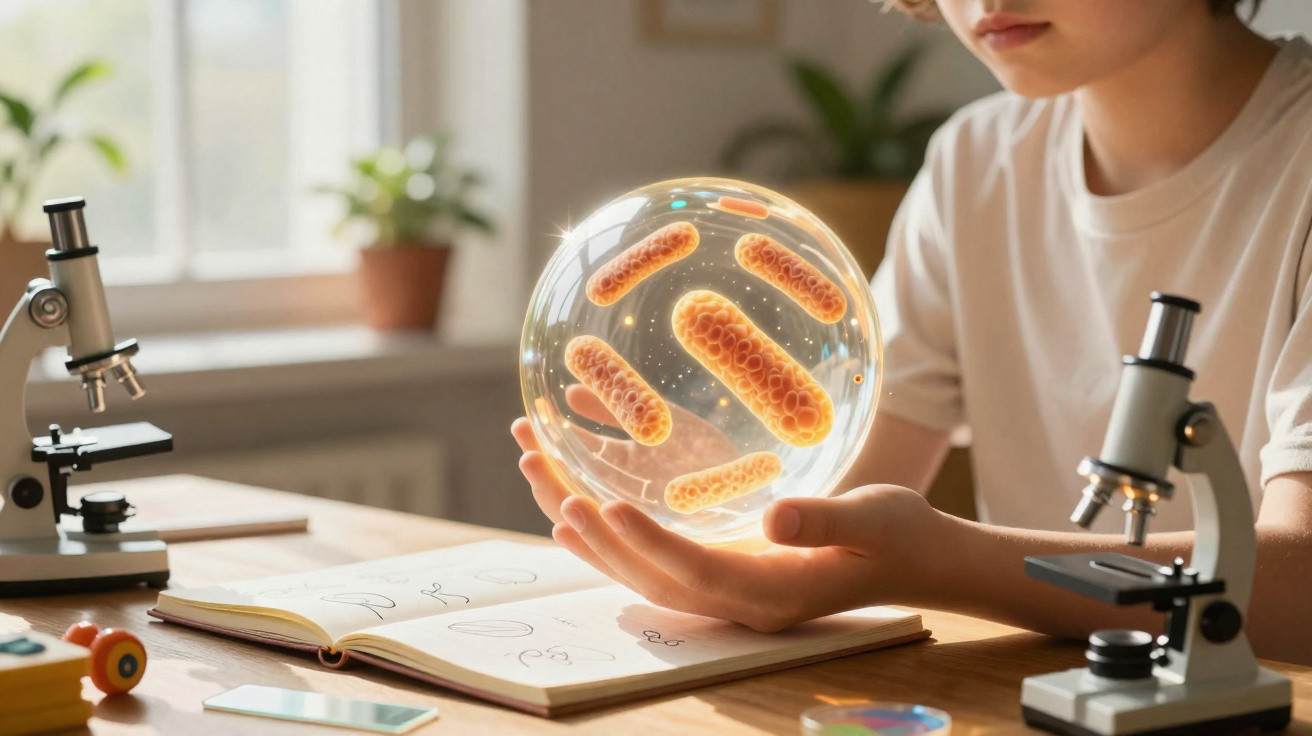 Pessoa segurando esfera com bactérias ilustradas, microscópios e caderno de ciências em mesa iluminada.
