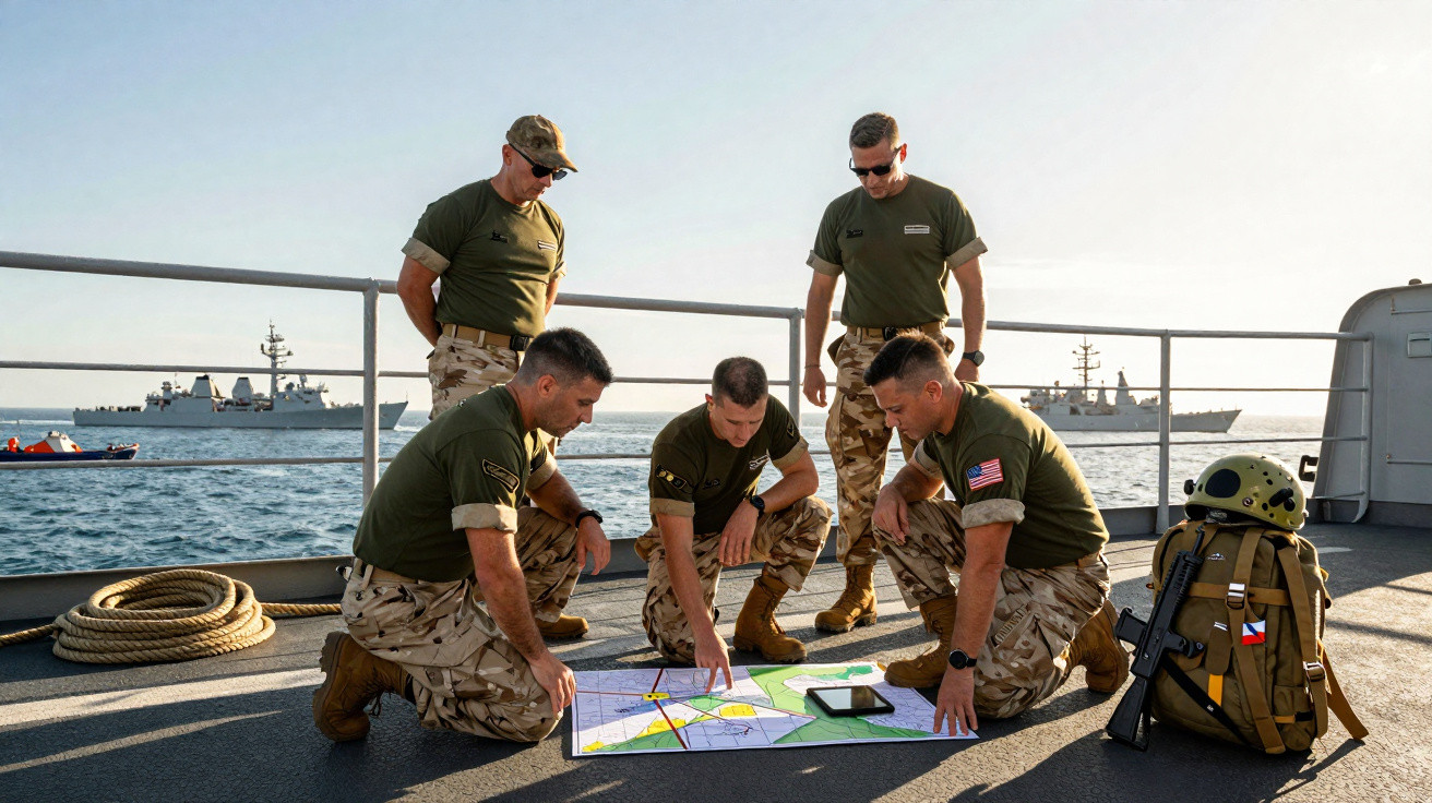 Cinco militares em uniforme camuflado analisam um mapa sobre o convés de um navio com o mar e navios ao fundo.