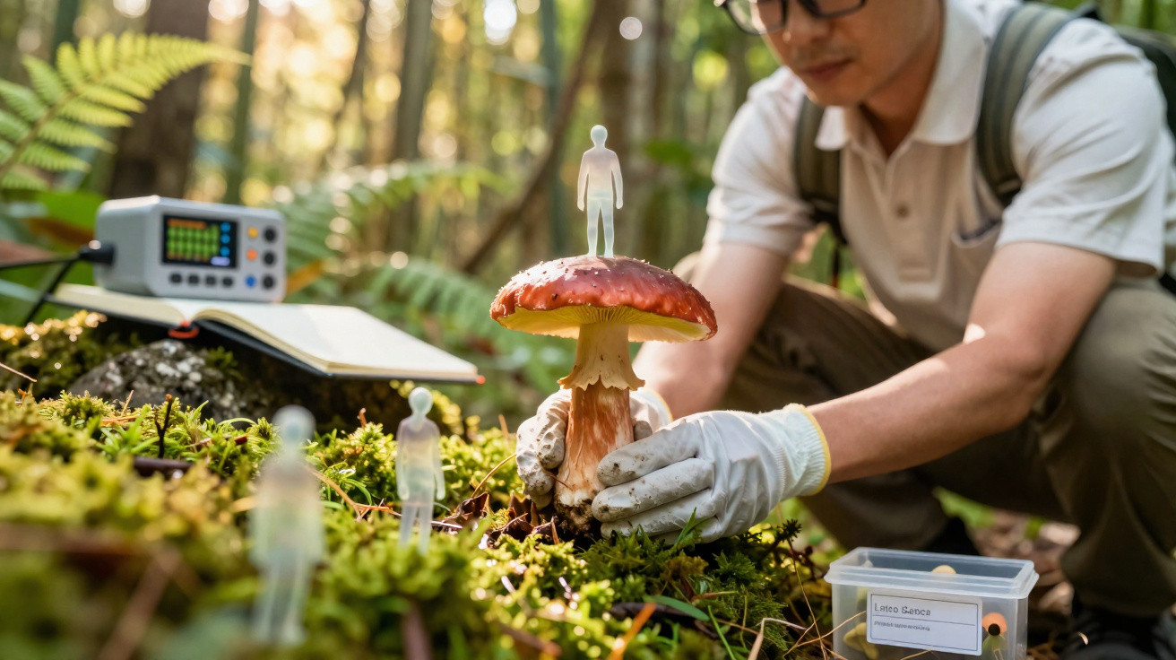 Cientista com luvas segura cogumelo em floresta com miniaturas humanas em miniatura sobre ele.