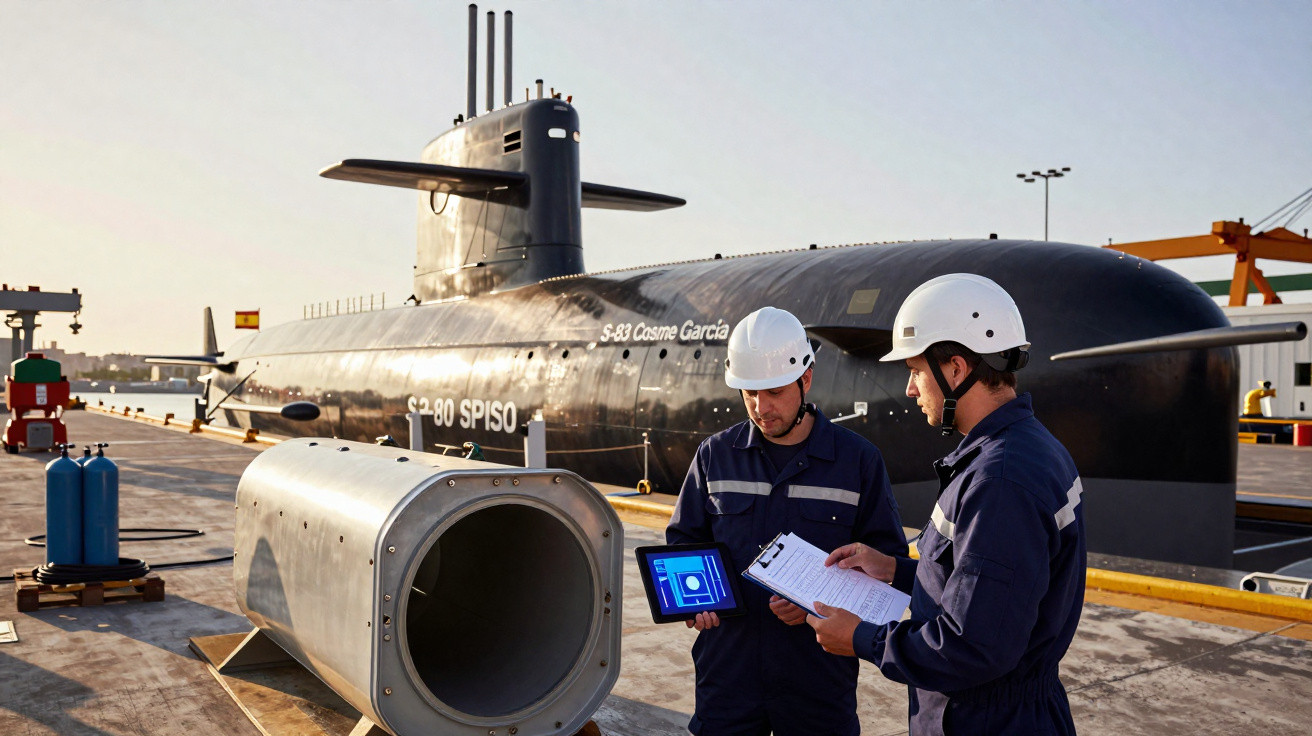 Dois trabalhadores com capacetes brancos inspecionam equipamento perto de submarino preto atracado em porto.
