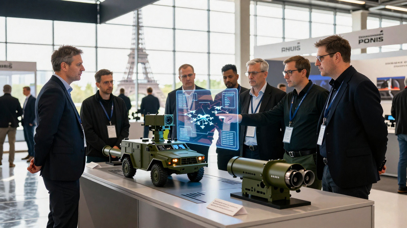Homens em evento tecnológico analisam modelo de veículo militar e dispositivo com interface holográfica em expositor moderno.