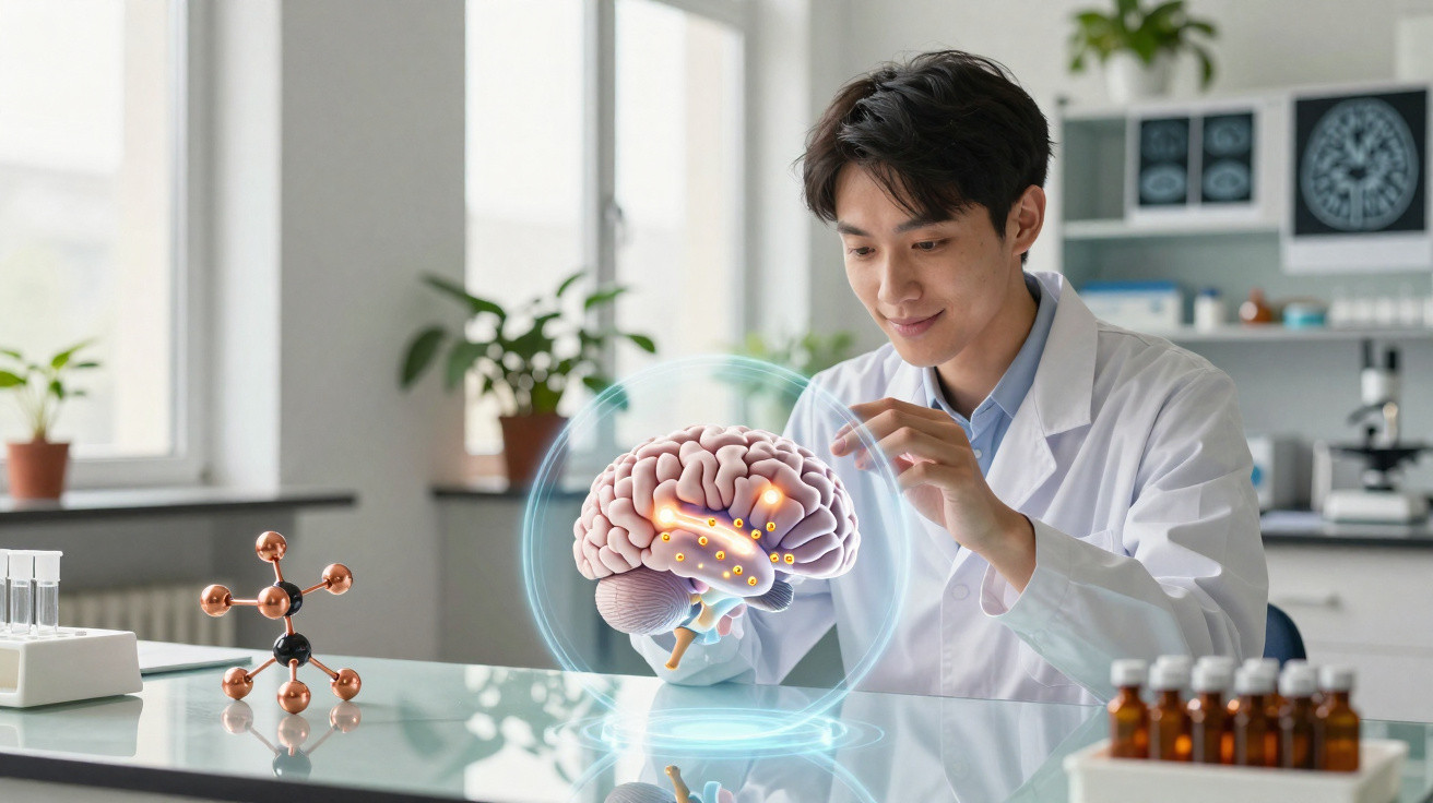 Cientista em laboratório analisando modelo holográfico do cérebro humano sobre a mesa.