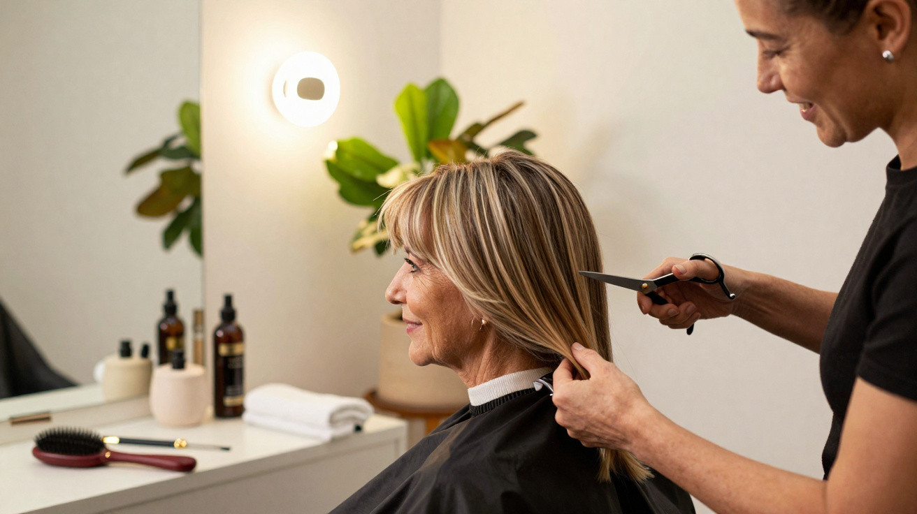 Mulher loira sentada em salão de beleza enquanto cabeleireira segura tesoura para cortar cabelo.