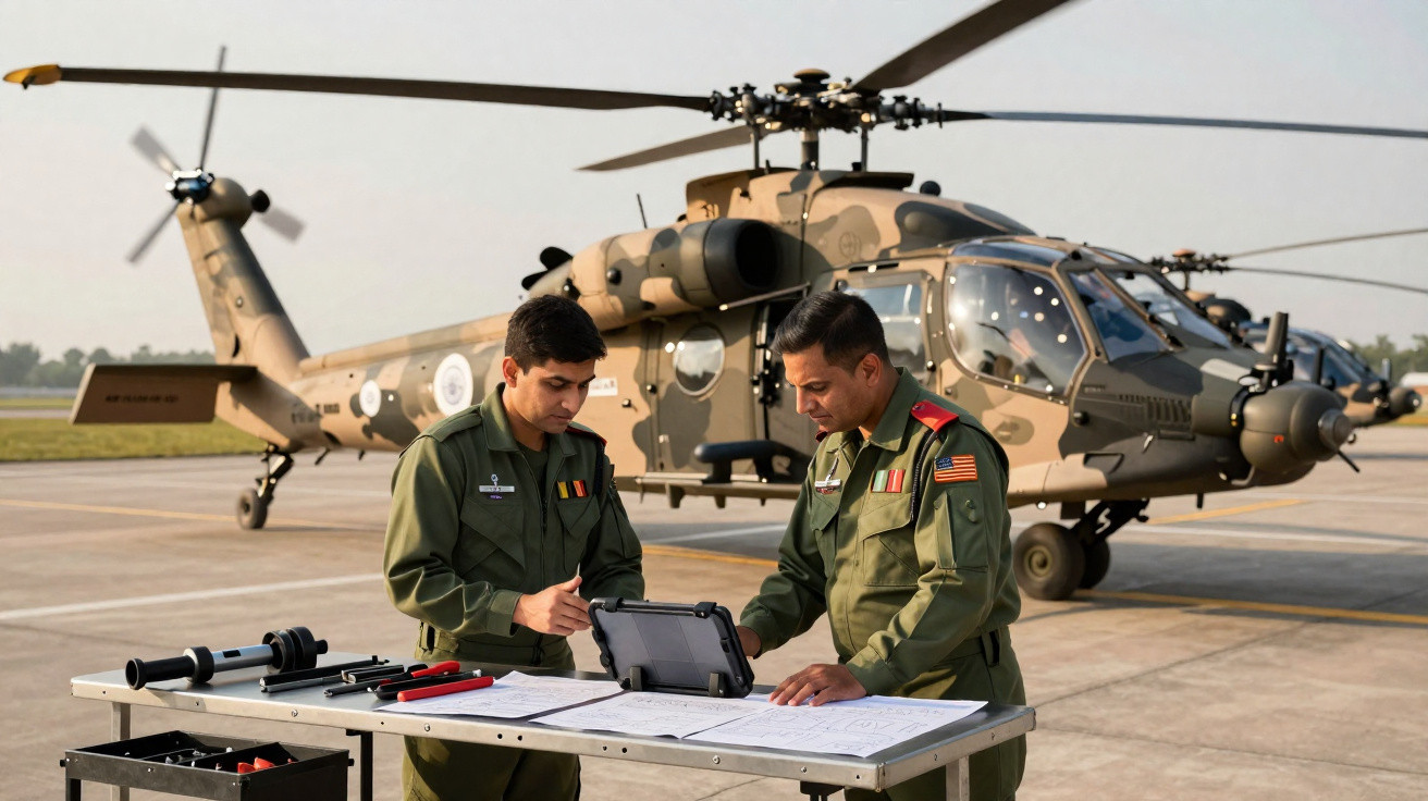 Dois militares em uniforme verde observam documentos em mesa diante de helicóptero militar camuflado no pátio.
