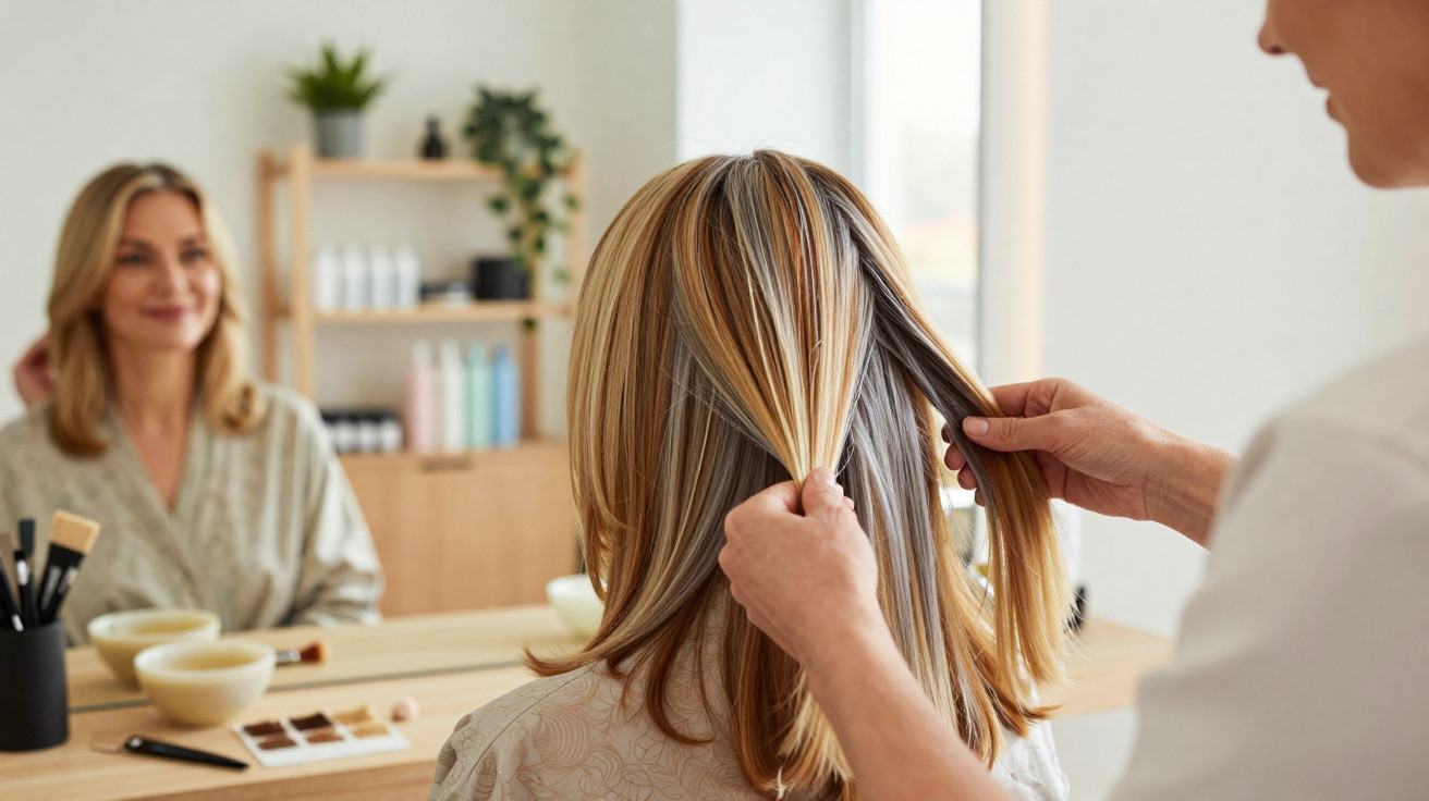 Cabeleireiro examinando mechas loiras de mulher sentada em cadeira de salão de beleza.