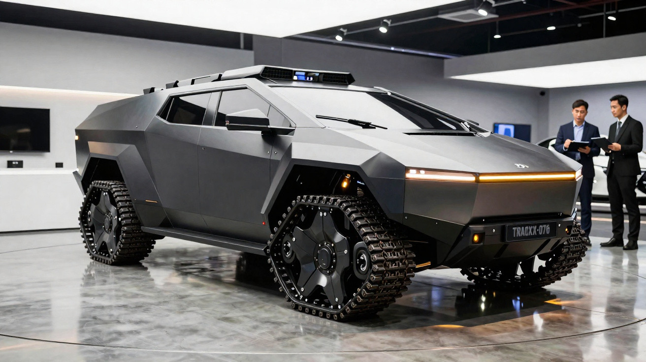 Veículo futurista cinza com esteiras militares exposto em salão, com dois homens ao fundo em trajes sociais.