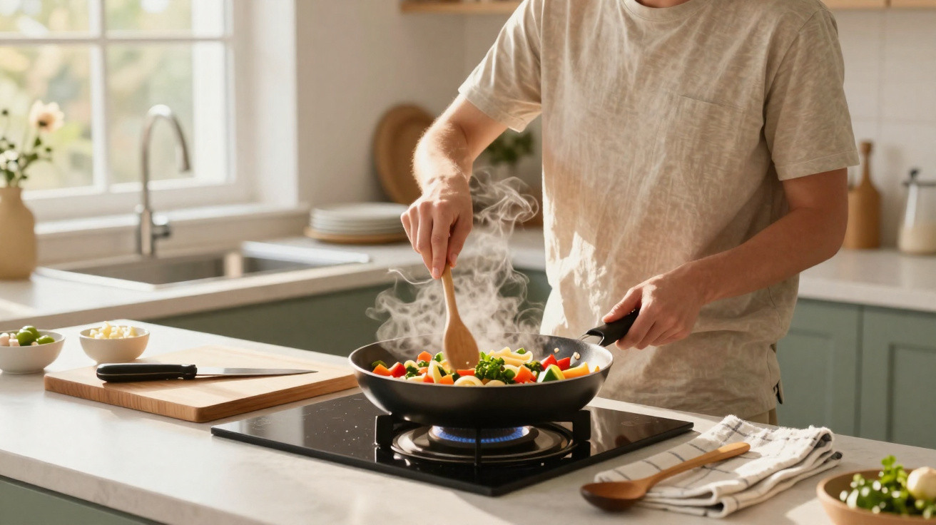 Pessoa cozinhando legumes coloridos em frigideira sobre fogão na cozinha iluminada pela luz natural