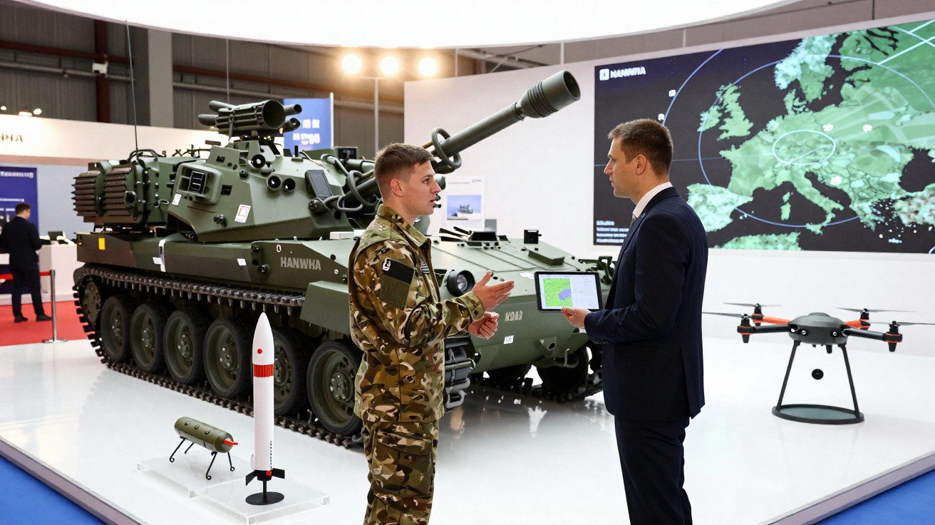 Soldado em uniforme camuflado conversa com homem de terno em exposição militar com tanque e drone.