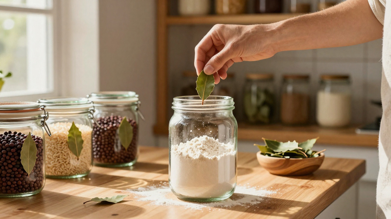 Mão colocando folha de louro em pote de vidro com farinha sobre bancada de madeira na cozinha.