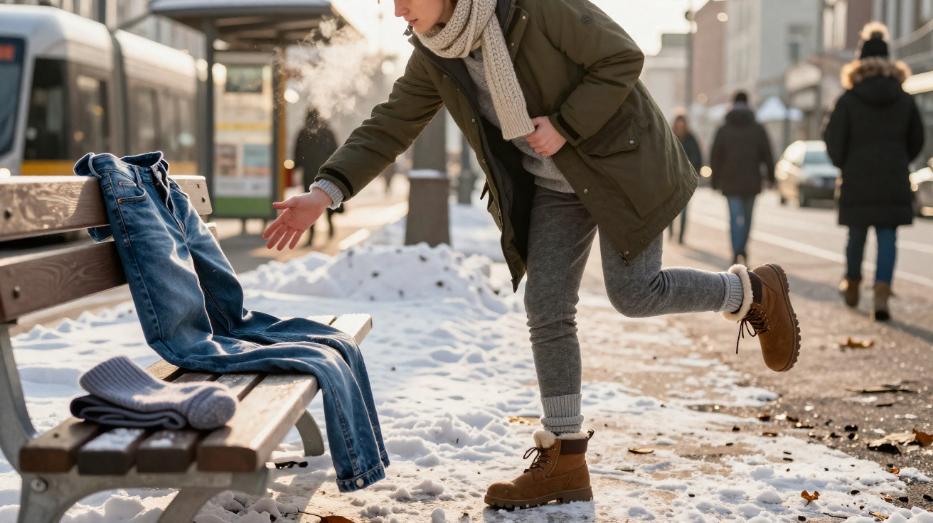 Pessoa tentando vestir calça jeans sobre roupas de frio em banco, cenário de cidade com neve no chão.