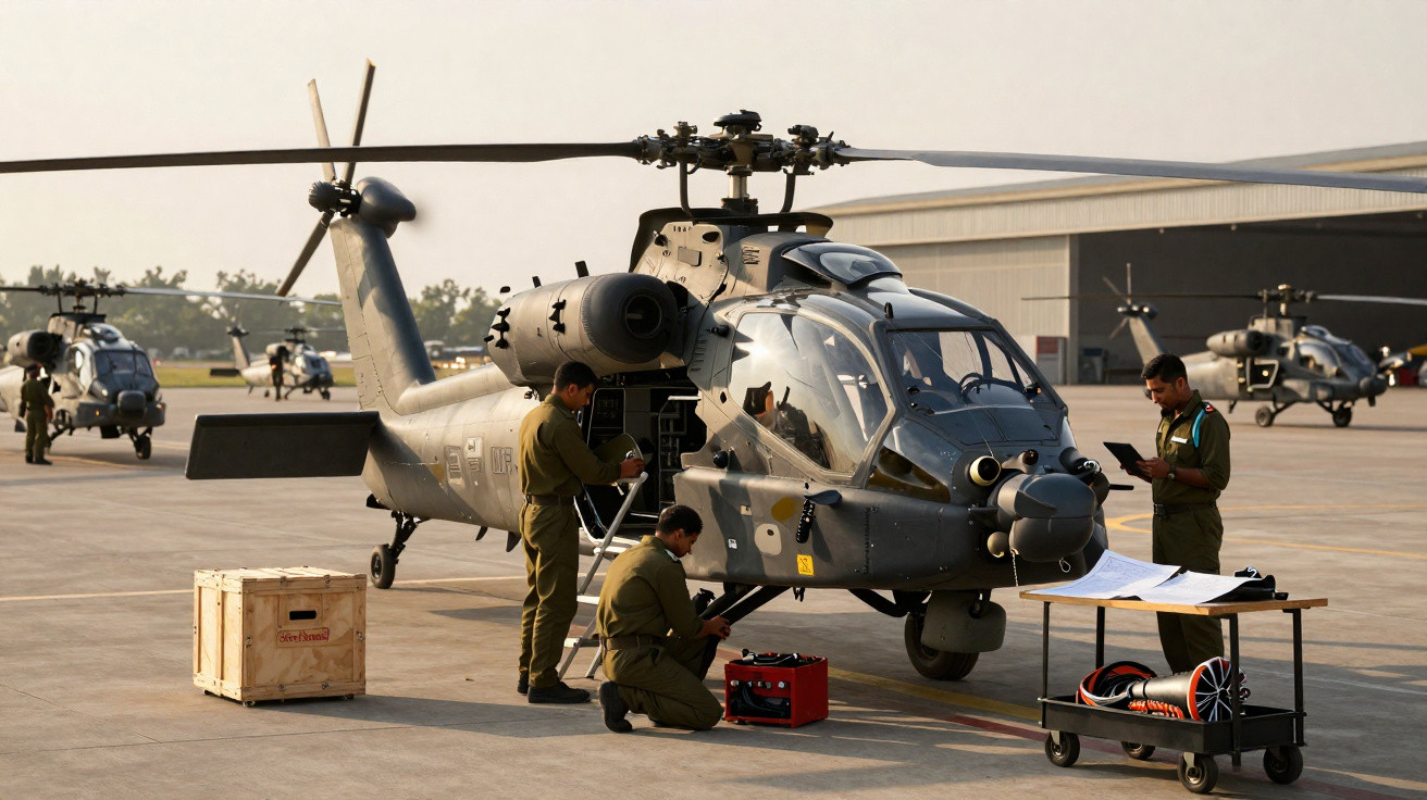 Soldados militares realizam manutenção em helicóptero de combate estacionado em base aérea ao entardecer.