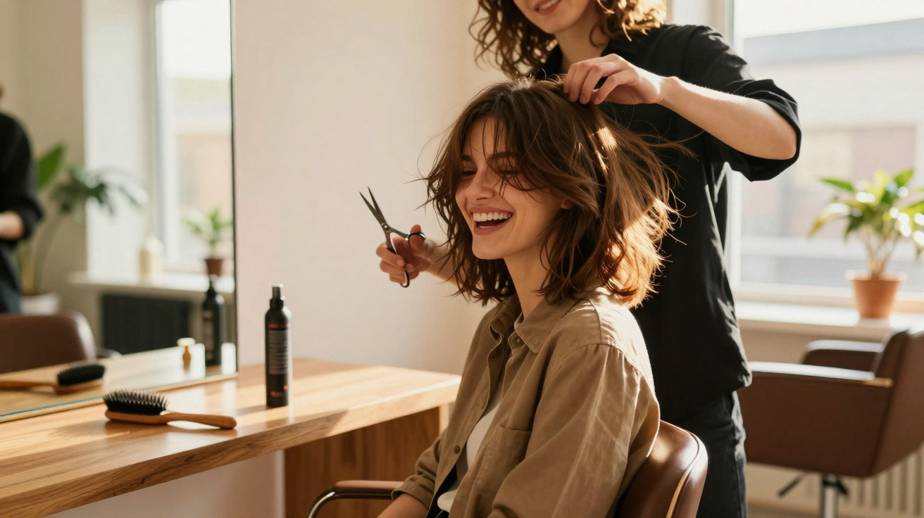 Mulher sorridente fazendo corte de cabelo em salão moderno com luz natural e decoração minimalista.