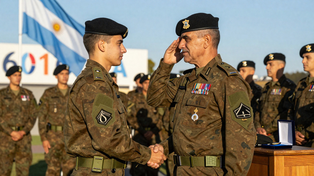 Soldados do Exército Argentino em cerimônia com aperto de mão e continência, bandeira da Argentina ao fundo.