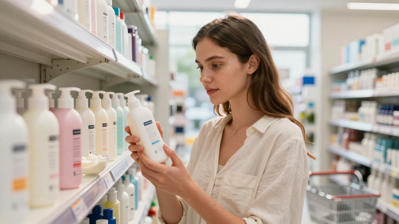 Mulher jovem analisando frasco de produto de beleza em prateleira de loja com carrinho ao fundo.