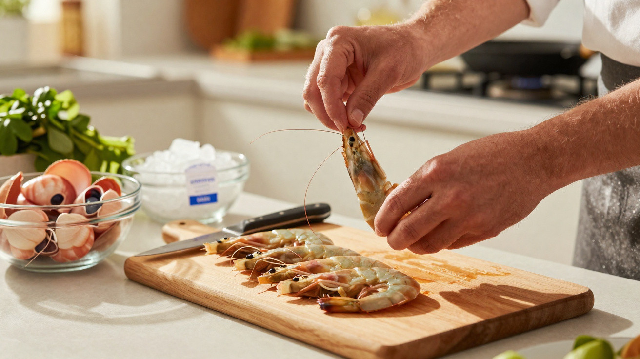 Mãos seguras segurando camarão fresco sobre tábua de cortar, com mais camarões e ingredientes ao fundo na cozinha.
