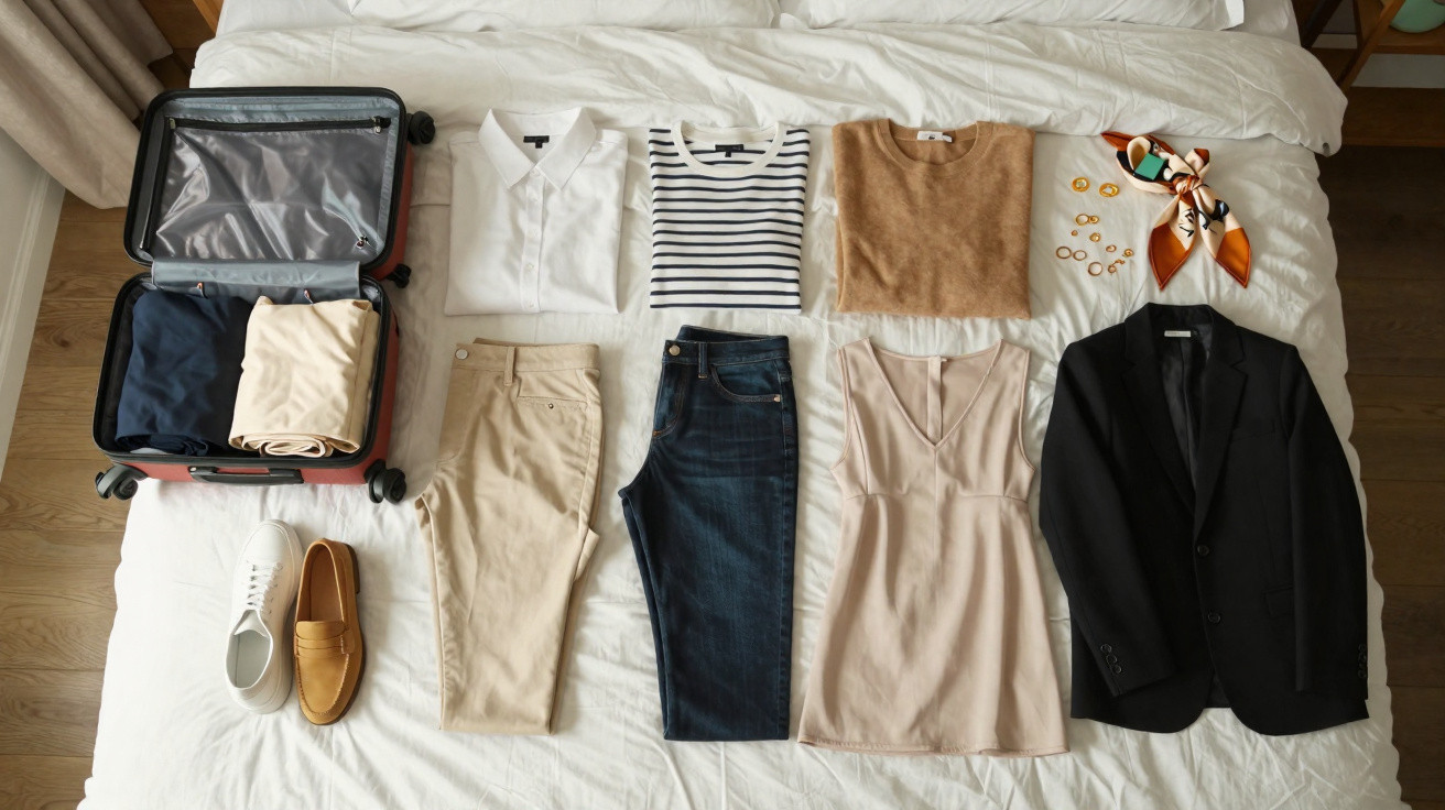 Mala aberta e roupas masculinas e femininas organizadas sobre cama branca em quarto com piso de madeira.