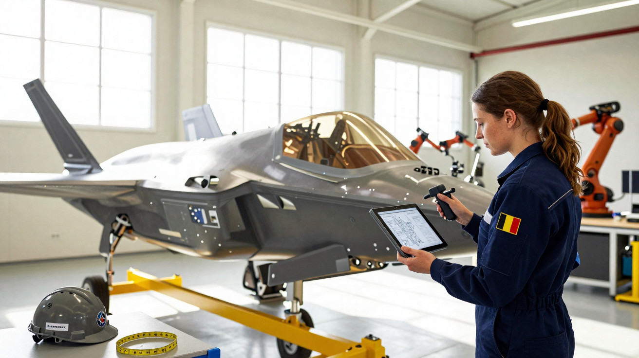 Mulher com macacão azul operando tablet e scanner 3D perto de avião militar em oficina iluminada.