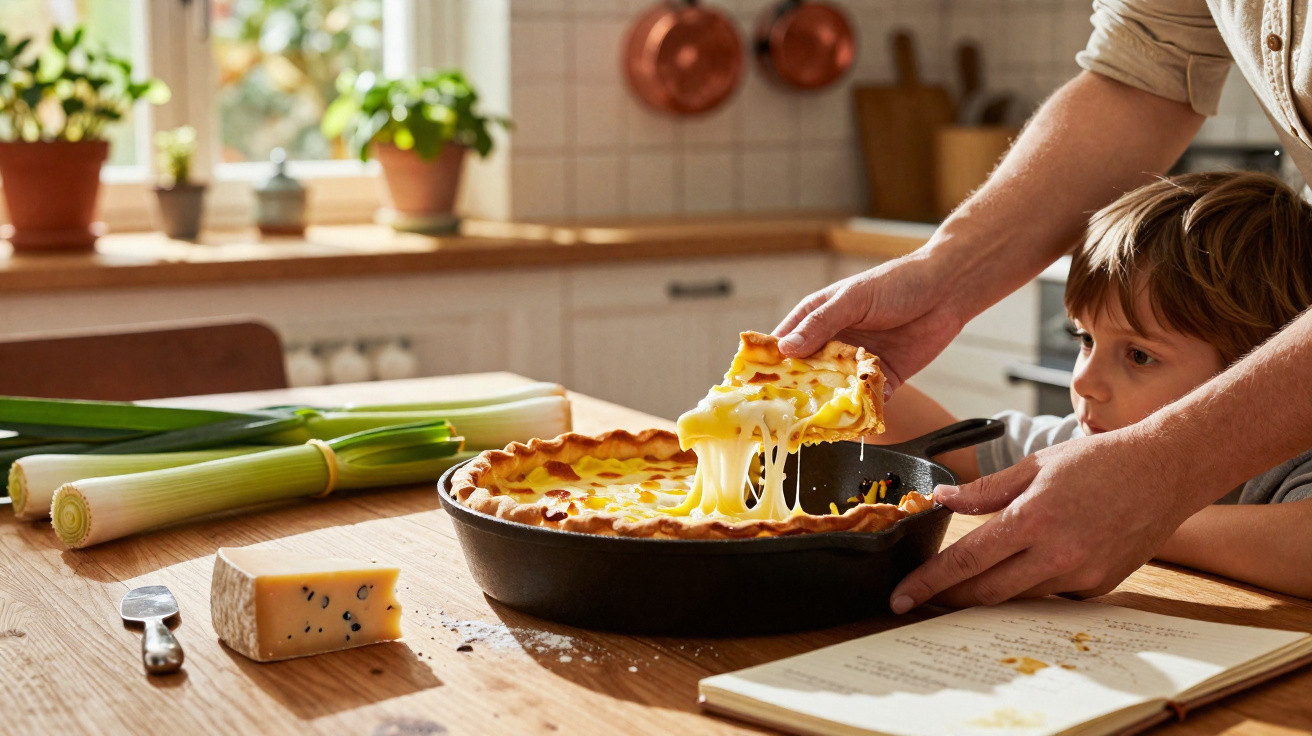 Pessoa servindo fatia de torta de queijo derretido para criança em cozinha ensolarada.