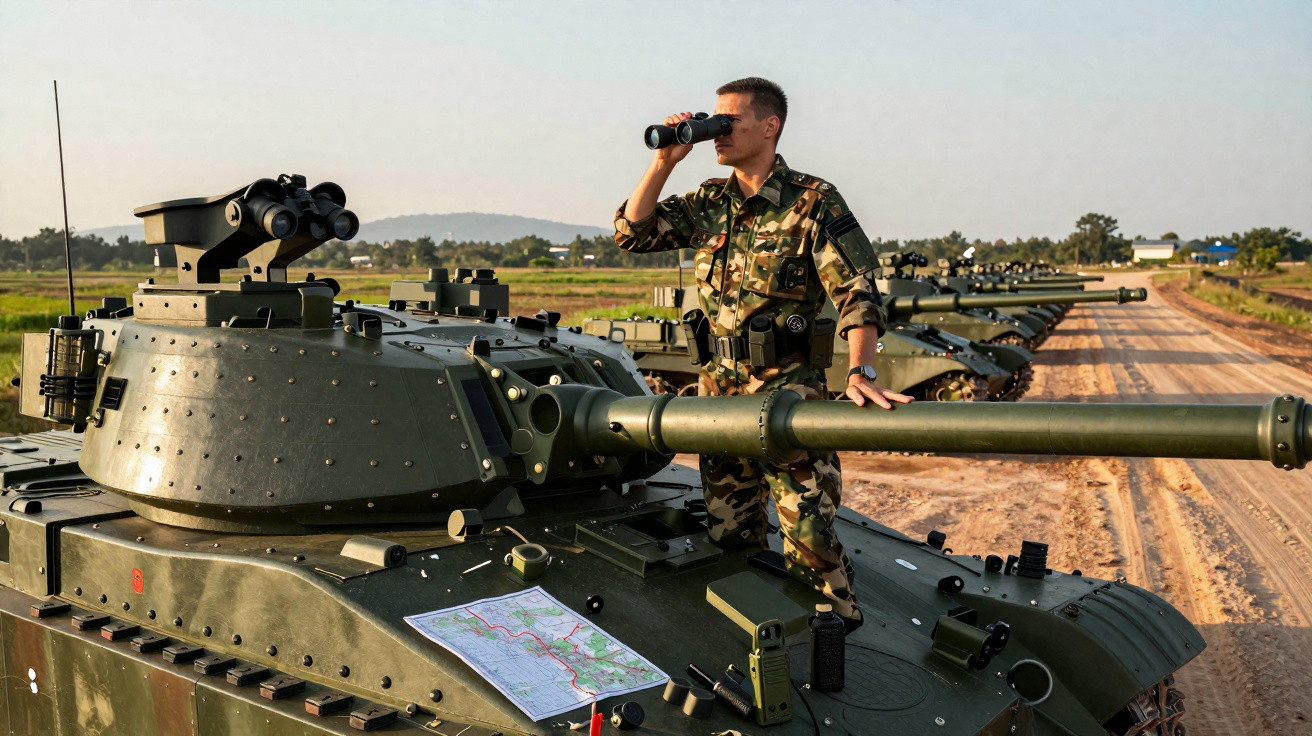 Soldado em uniforme camuflado usando binóculo em tanque militar estacionado em estrada de terra.
