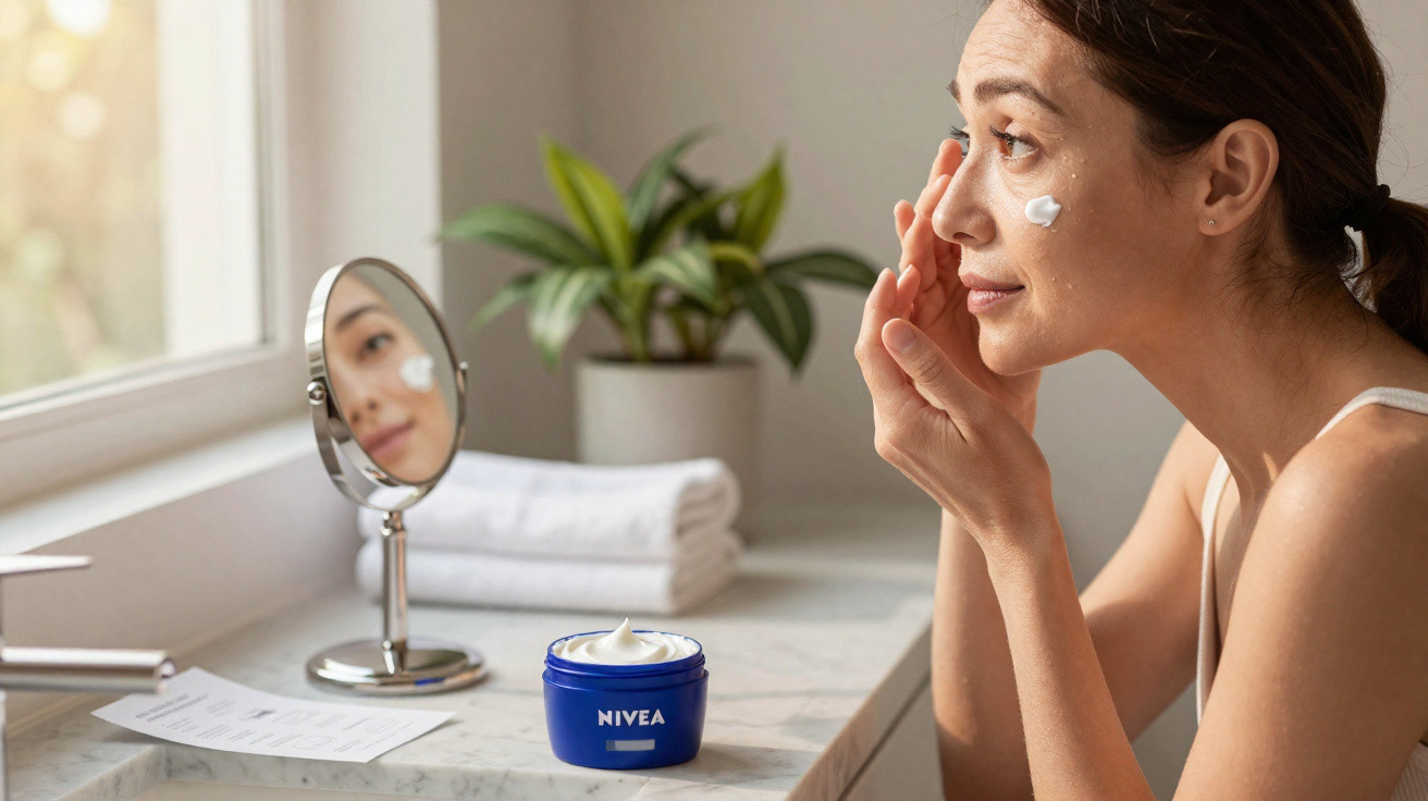 Mulher aplicando creme facial Nivea em frente ao espelho em bancada com planta ao fundo.