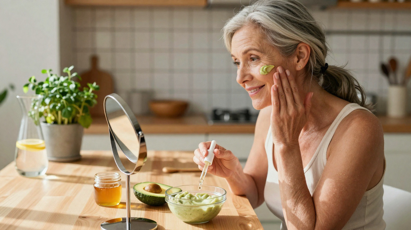 Mulher madura aplica máscara facial de abacate na cozinha, com pote, abacate e mel sobre a mesa.