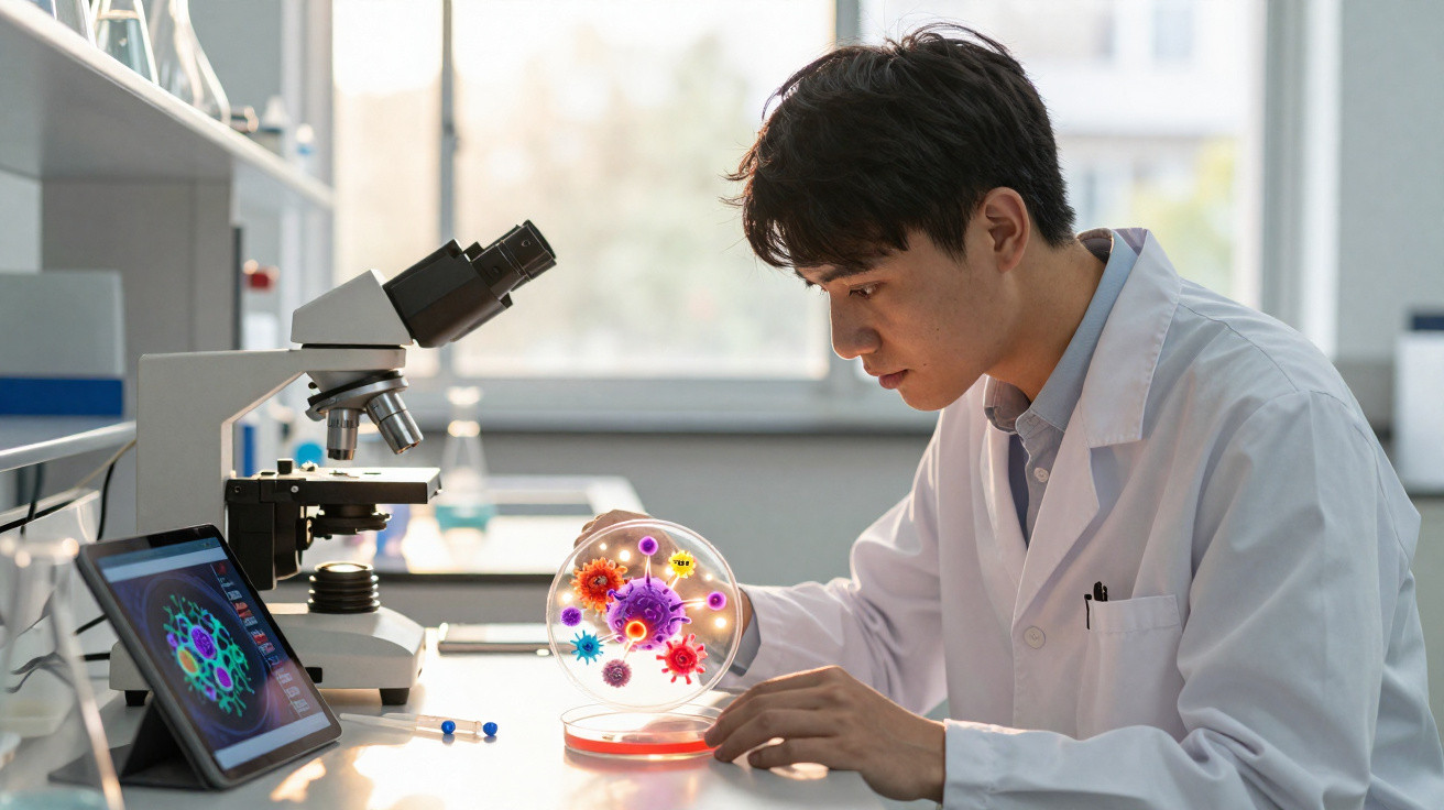 Cientista observa moldes coloridos de vírus em placa de petri em laboratório moderno.