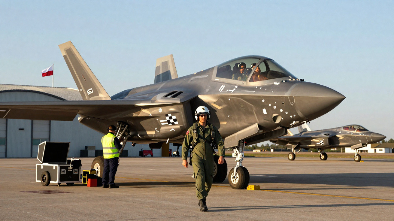 Caças F-35 estacionados em pista com piloto e técnico em equipamento de segurança.
