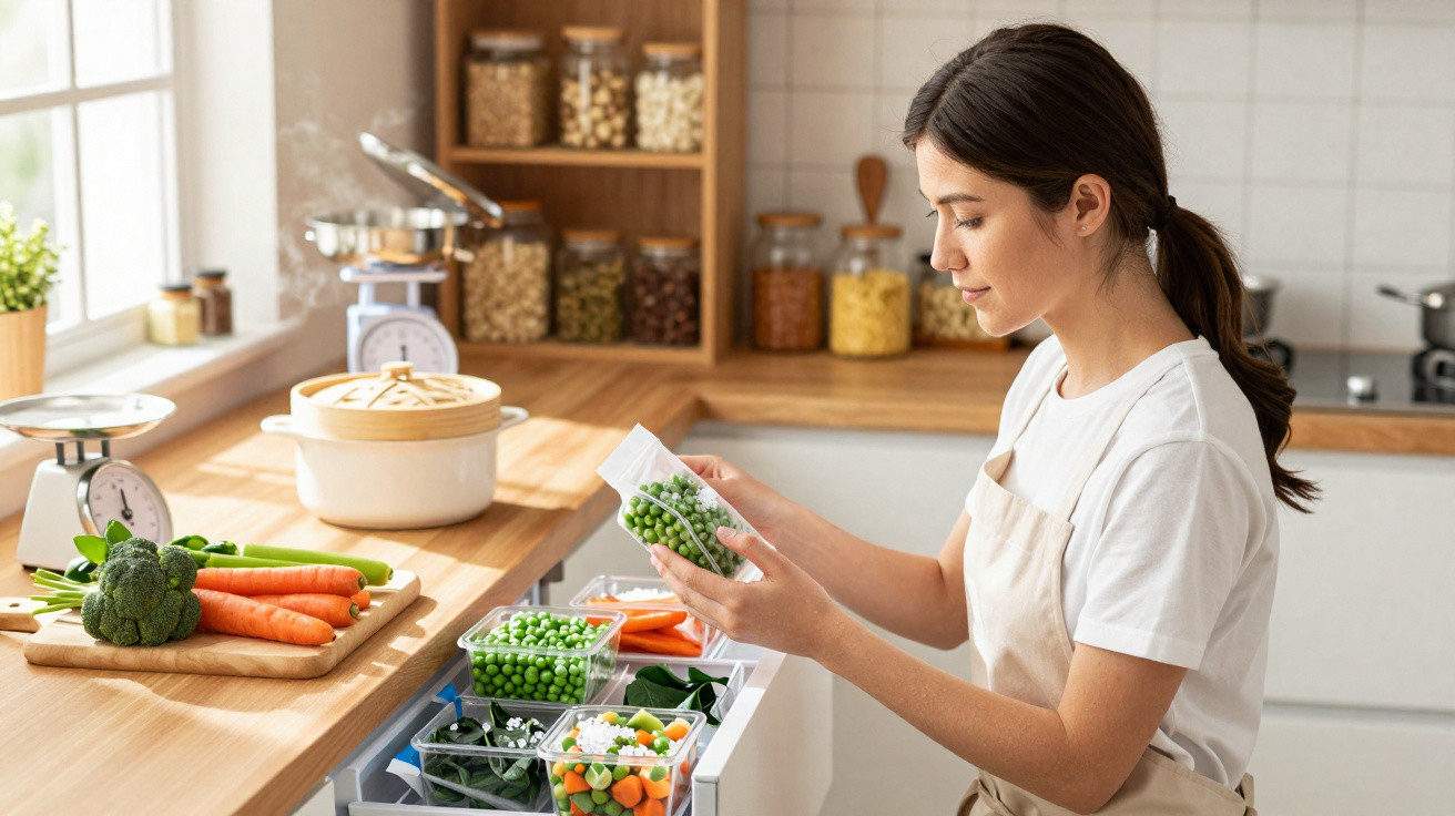 Mulher organizando legumes frescos em embalagem plástica na cozinha clara e organizada.
