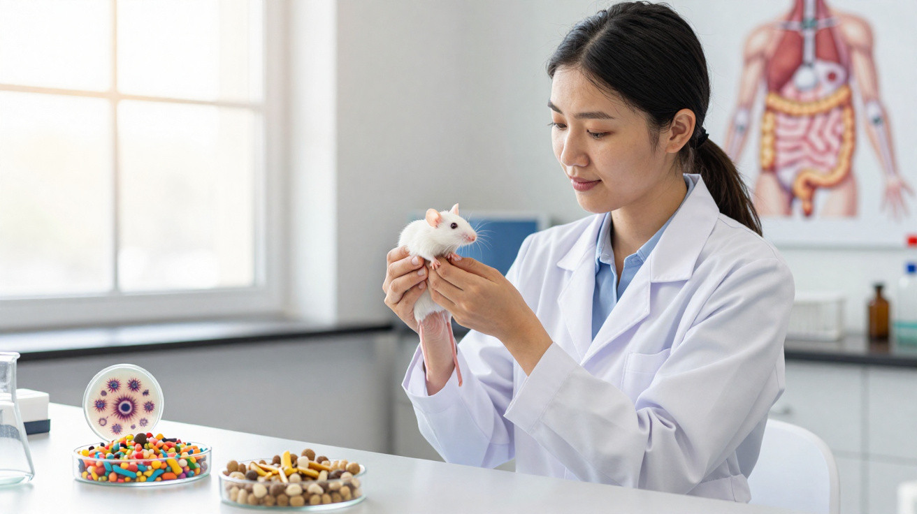 Cientista em jaleco branco segurando camundongo branco em laboratório com remédios e modelo anatômico.
