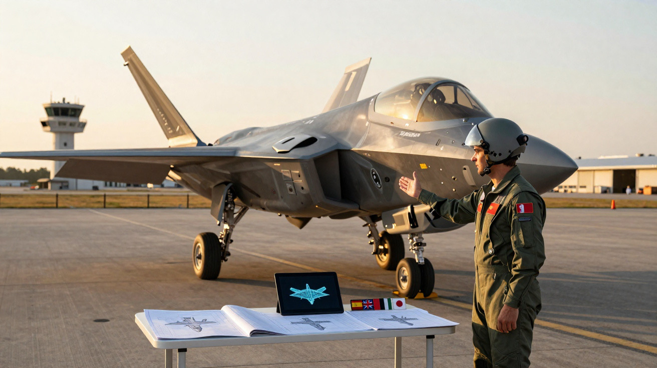 Caça militar em solo com piloto ao lado e mesa com desenhos e tablet em aeroporto ao entardecer.