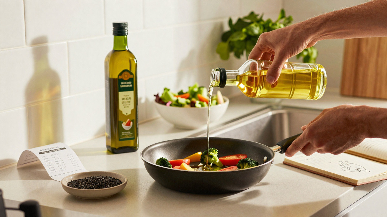 Pessoa segurando frigideira e despejando óleo vegetal sobre legumes variados na cozinha.