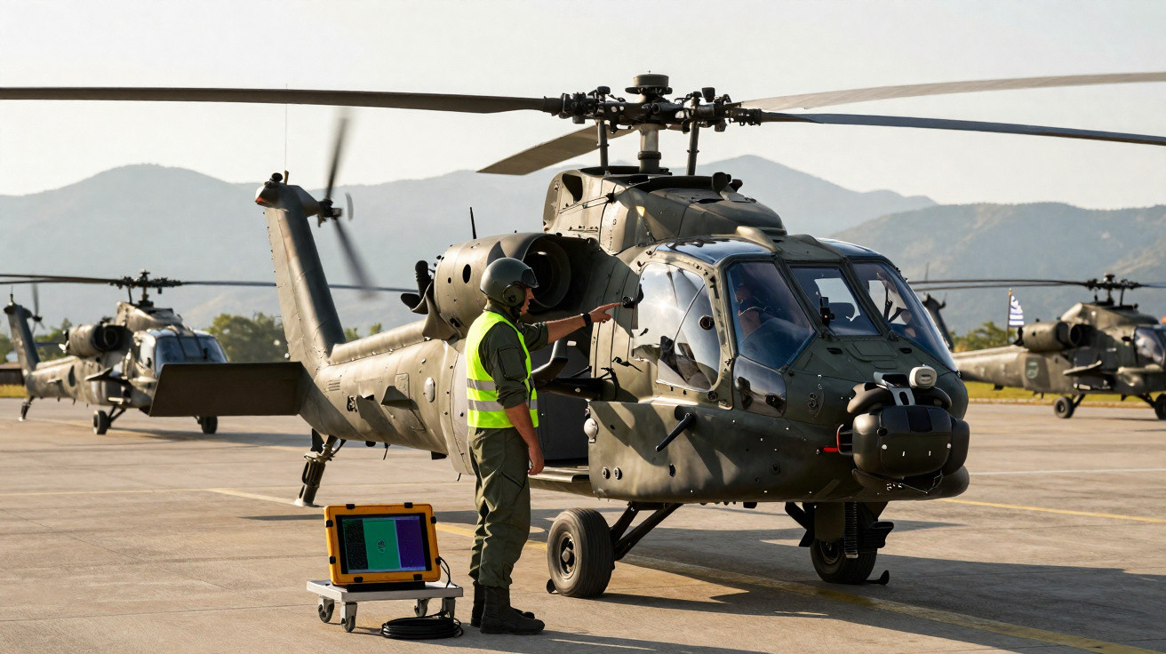 Helicóptero militar com piloto e equipe de solo em aeródromo com montanhas ao fundo em dia claro.