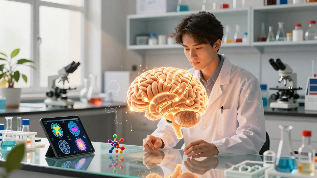 Cientista em laboratório analisando modelo holográfico do cérebro com imagens cerebrais em tablet.
