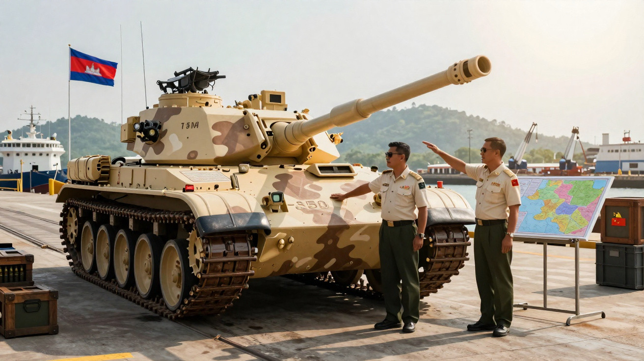 Tanque militar camuflado em tons de areia com dois oficiais em uniforme bege e verde ao lado.