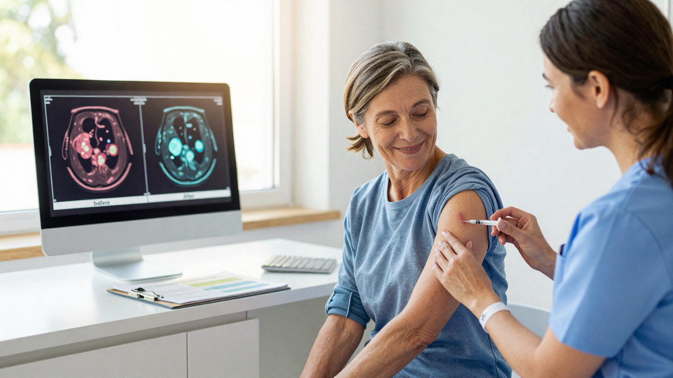 Enfermeira aplicando vacina no braço de paciente sorridente em consultório médico.