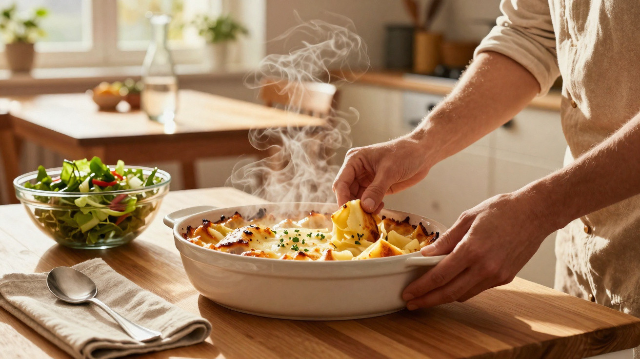 Mãos servindo lasanha quente e fumegante em um prato branco, com salada e talheres ao lado.