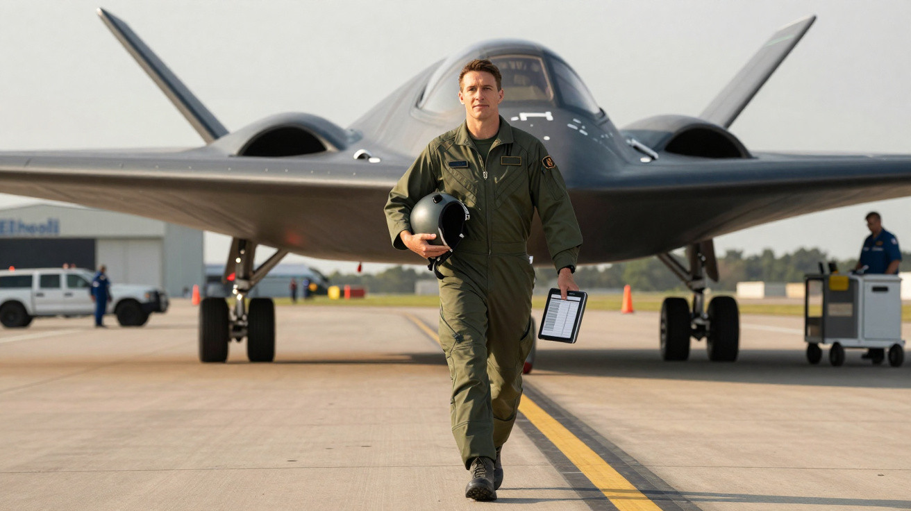 Piloto militar caminhando diante de avião stealth preto em pista de aeroporto.