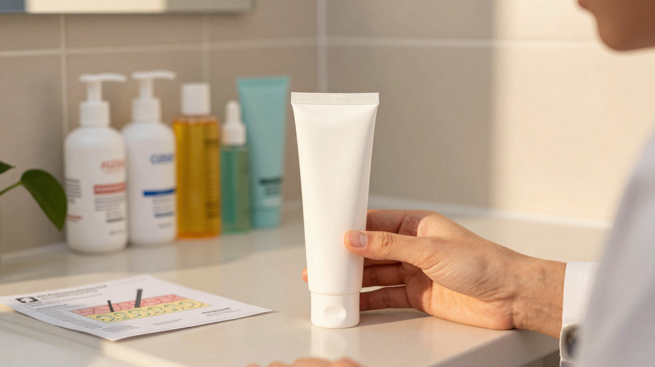 Mão segurando tubo branco de creme com produtos de cuidados da pele e um gráfico na bancada do banheiro.