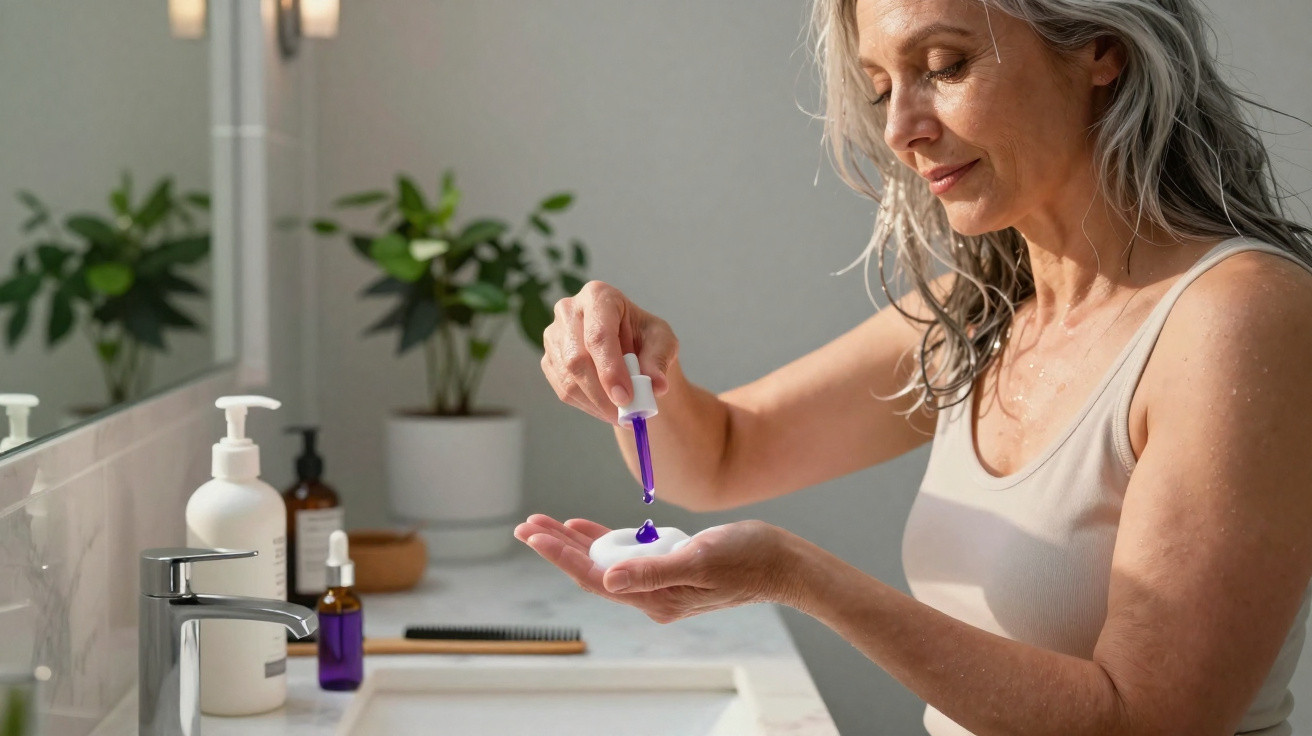 Mulher madura em banheiro aplicando sérum facial com conta-gotas sobre a mão.