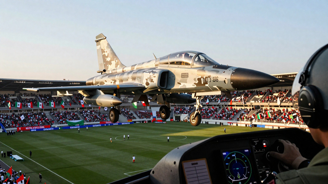 Caça militar camuflado pousando em estádio de futebol durante evento com público nas arquibancadas.